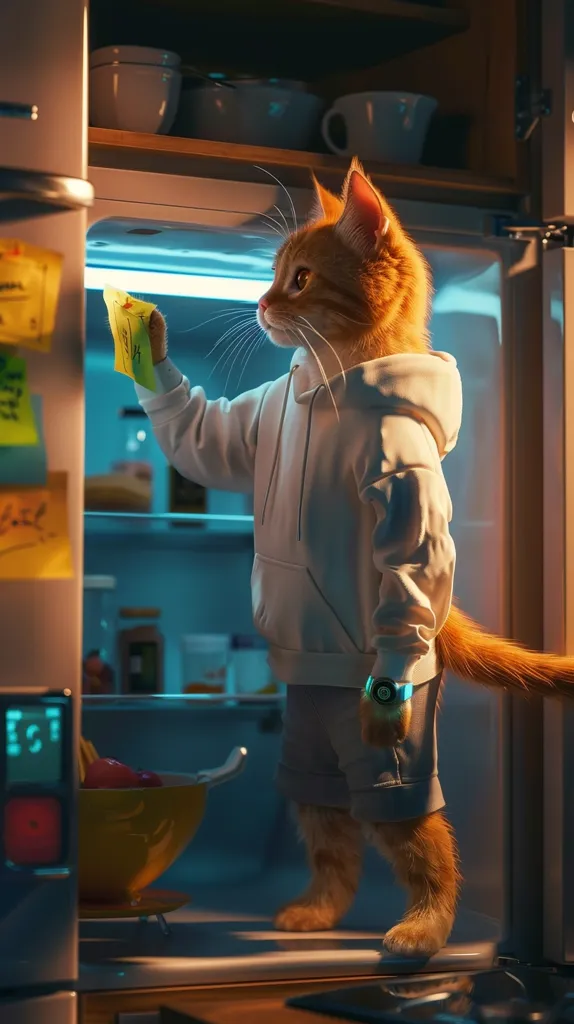 A ginger cat wearing a white hoodie and blue shorts stands inside a fridge, reaching for a yellow sticky note. The fridge is filled with various items, including a bowl of red fruit and other miscellaneous objects.  The cat's tail is curled around the side of the fridge.  The scene is lit by blue and green lights, giving it a futuristic feel.