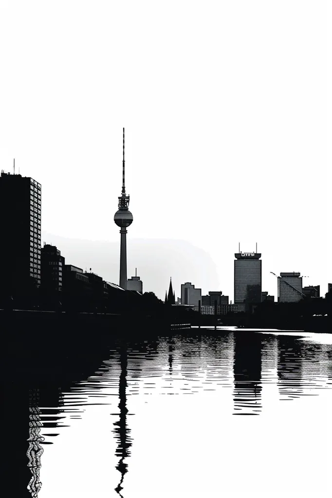A black and white silhouette of a city skyline with a prominent radio tower. The buildings are clustered on the shore of a body of water, with a reflection of the skyline on the surface. The sky is clear and bright, creating a stark contrast with the dark silhouette of the city. The image has a simple yet striking composition that highlights the urban landscape.