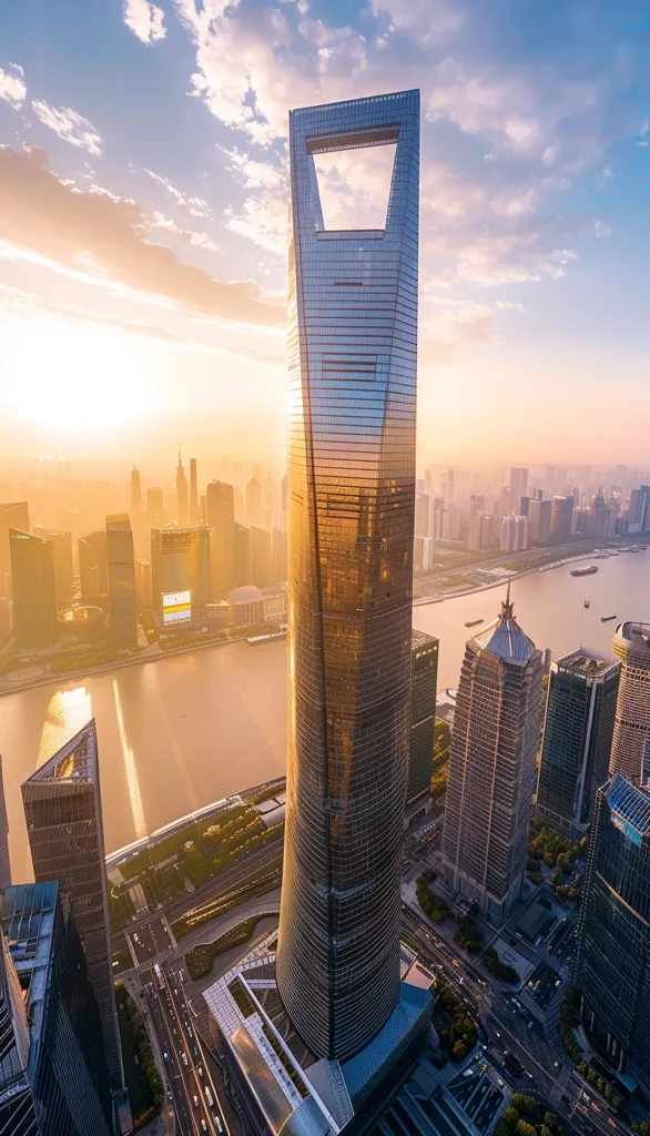 The image shows a stunning aerial view of the Shanghai skyline at sunset, with the iconic Shanghai Tower dominating the scene. The tower's unique design, featuring a large square opening, stands out against the golden glow of the setting sun.  Surrounding the tower are numerous other skyscrapers, creating a dense urban jungle. In the foreground, a river winds its way through the city, reflecting the warm hues of the sky. The scene is a testament to the rapid growth and development of Shanghai as a modern metropolis.