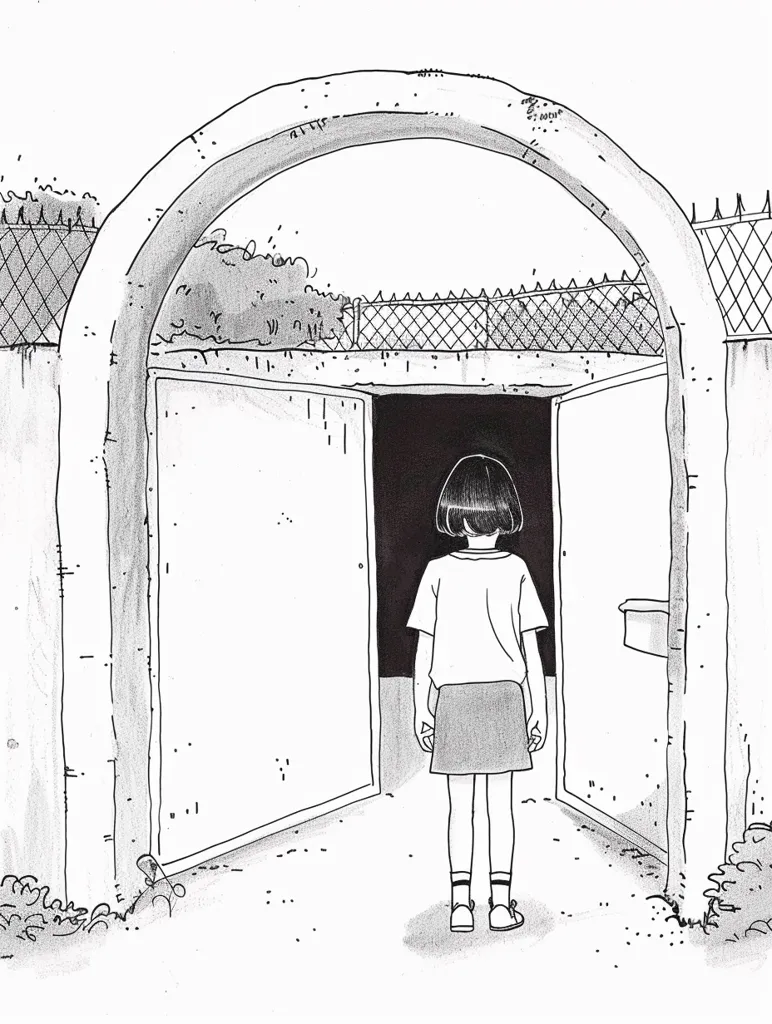 The image shows a girl standing in front of a large, arched doorway. The doorway is made of concrete and has two large doors on either side. The girl is wearing a t-shirt and a skirt. She appears to be looking at something inside the doorway, but the inside is dark and unclear. There are barbed-wire fences on either side of the doorway. The overall tone of the image is mysterious and unsettling.