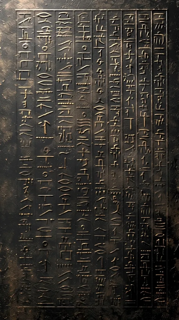 The image shows a close-up of an ancient Egyptian hieroglyphic inscription carved into a black stone. The glyphs are etched in gold, creating a striking contrast against the dark background. The inscription appears to be a series of vertical columns, each filled with intricate and stylized symbols, hinting at a story or message from the past. The surface of the stone shows signs of wear and tear, suggesting its age and enduring presence through time.