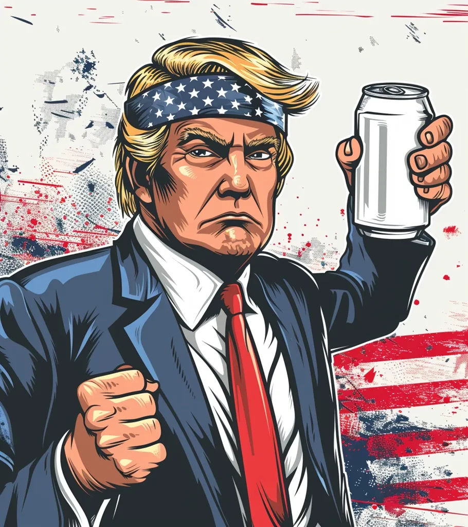 The image depicts Donald Trump, wearing a suit, a red tie, and a bandana with the American flag design. His expression is stern, and his right fist is clenched. In his left hand, he holds a can of beer against a background of the American flag. The image is stylized, with a grunge aesthetic and bold lines. It evokes a sense of patriotism and strength.