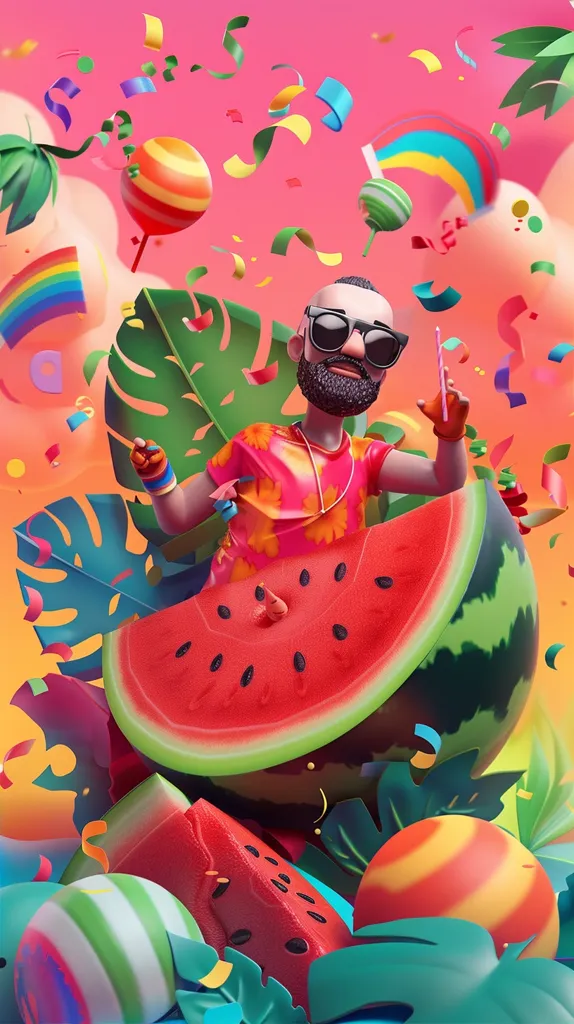 A cartoon man with sunglasses and a pink shirt is perched on a giant watermelon slice. He is surrounded by tropical leaves and confetti. Other watermelon slices, a striped ball, and a colorful sphere are scattered throughout the scene, all against a bright pink background. The image is whimsical and playful, evoking a sense of summer fun and celebration.