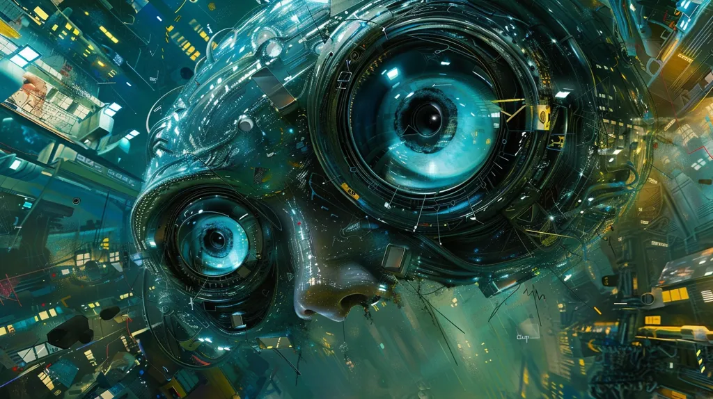 The image depicts a futuristic and surreal scene with a large, metallic eye looking down onto a sprawling cityscape. The eye is surrounded by intricate circuitry and glowing lights, highlighting the advanced technology of this world. The city below is a dense network of interconnected buildings, suggesting a highly urbanized and possibly dystopian society. The overall mood is one of both wonder and unease, with the eye's powerful gaze prompting questions about surveillance, control, and the future of humanity.