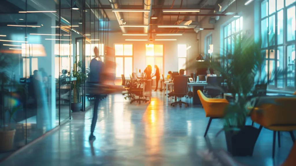 The image shows a modern office space with large windows and a glass wall. A man in a suit walks down a hallway, while other figures are blurred in the background.  The office is bathed in the warm light of the setting sun, creating a bright and airy atmosphere. There are desks, chairs, and plants throughout the space, suggesting a lively and productive workplace.  The focus on the man walking towards the light suggests a sense of ambition and forward motion.