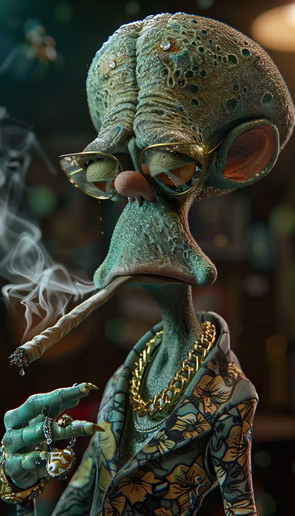 The image depicts a cartoonish alien with a green, bumpy head. It wears large glasses and a floral jacket with a gold chain. The alien is holding a lit cigarette and blowing out a plume of smoke. It has a serious expression and its mouth is slightly open, as if it's about to say something. The image is rendered in a realistic style with sharp detail.  The alien's expression and the setting suggest a sense of cool indifference.
