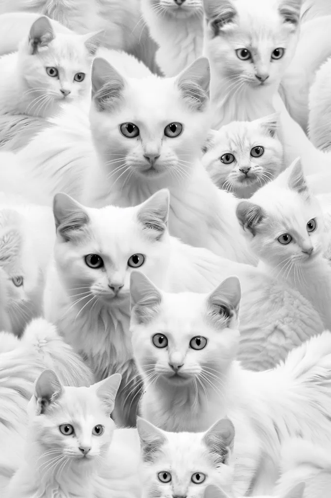 A black and white photo of a group of white cats, all looking at the camera. The cats are of different ages and sizes, but they are all very fluffy. Some cats have their ears perked up, while others have their ears down. The photo is taken from a close-up perspective, and the cats are filling the frame. The image creates a sense of curiosity and playfulness.