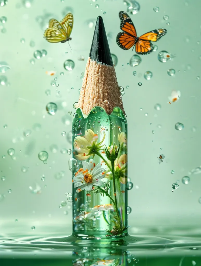 A pencil, submerged in water, is encased in a transparent, green cylinder.  Delicate white flowers and green stems bloom inside.  Tiny bubbles rise around the pencil, and two butterflies, one orange and one green, flutter above. The background is a soft, green hue.  The image captures a whimsical, nature-inspired concept.