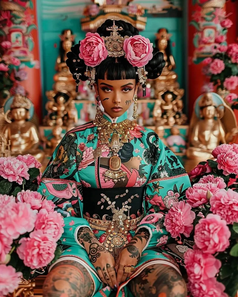 A young woman with dark skin and tattoos is dressed in a teal and pink kimono adorned with intricate floral patterns and gold accents. She wears a traditional Chinese headdress with pink flowers and a gold chain around her neck. Her expression is serious, and her eyes are fixed on the camera. Behind her, there are ornate gold statues and pink flowers. The image has a mysterious and alluring quality.