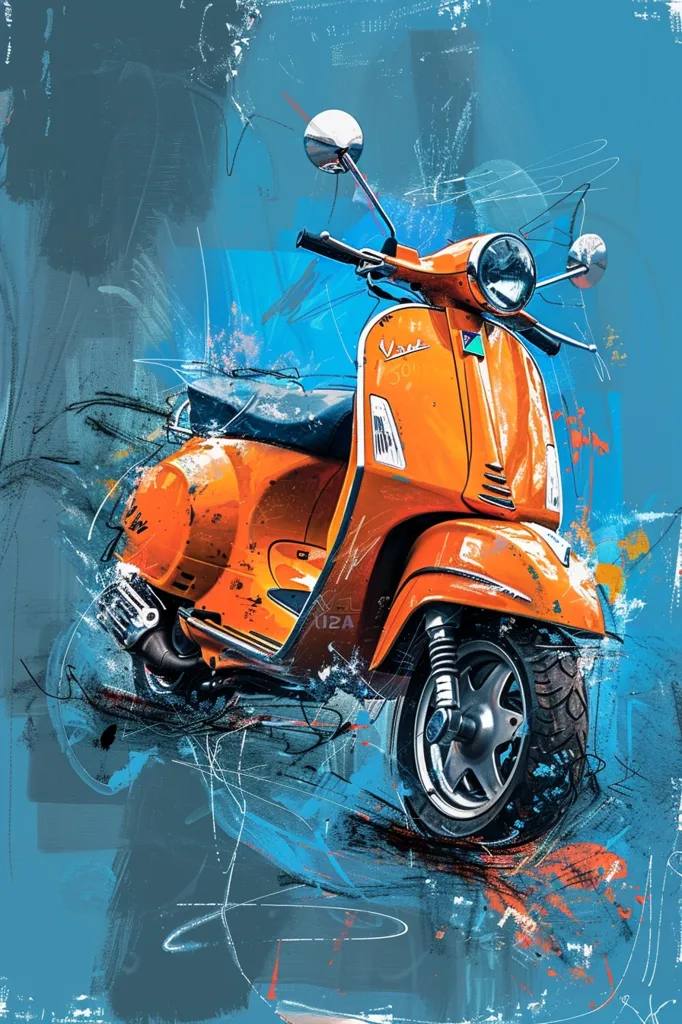 The image is a stylized depiction of a bright orange Vespa scooter against a vibrant blue background. The scooter is depicted in a dynamic pose, with its front wheel slightly lifted off the ground, conveying a sense of motion. The background is covered in abstract lines and strokes, creating a sense of speed and energy. The overall image is bold and colorful, with a sense of playful energy.