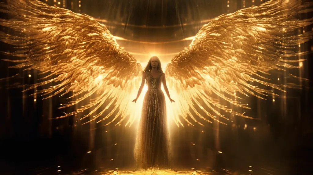 A woman in a golden gown stands between two large, feathery wings that shimmer like liquid gold. The wings are spread wide, enveloping her in a halo of light. The background is dark, with a faint glow emanating from the woman and the wings. The image evokes a sense of power and divinity.