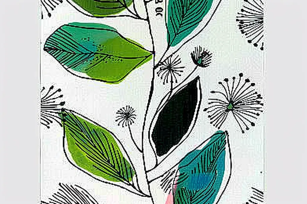 The image is a stylized floral pattern with green, blue, black, and white colors. It features a central stem with leaves and flowers drawn in an abstract and geometric style. The background is white, allowing the colors and shapes of the design to stand out. The overall effect is one of simple elegance and a touch of whimsy.