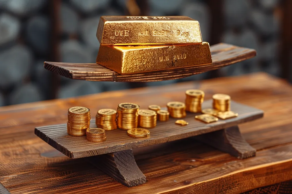 Two gold bars are balanced on a wooden platform that is resting on another wooden platform. There are stacks of gold coins on the lower platform, some of which are scattered around. The entire scene is a visually striking representation of wealth and prosperity. The wooden platforms are worn and have a rustic feel, adding a touch of history and authenticity to the image.  The gold bars and coins are polished and gleaming, reflecting the light and emphasizing their preciousness.