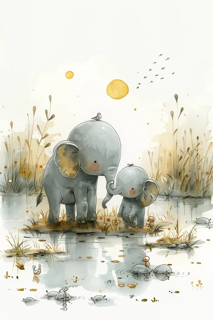 The illustration depicts a mother elephant and her baby standing by a pond. They are both grey, with big ears and friendly eyes. The mother elephant has a little bird perched on her head. The baby elephant is smaller and has a playful look on its face. The pond is surrounded by tall reeds and small birds are flying in the sky. The scene is painted in a soft watercolor style with a light and airy feel.