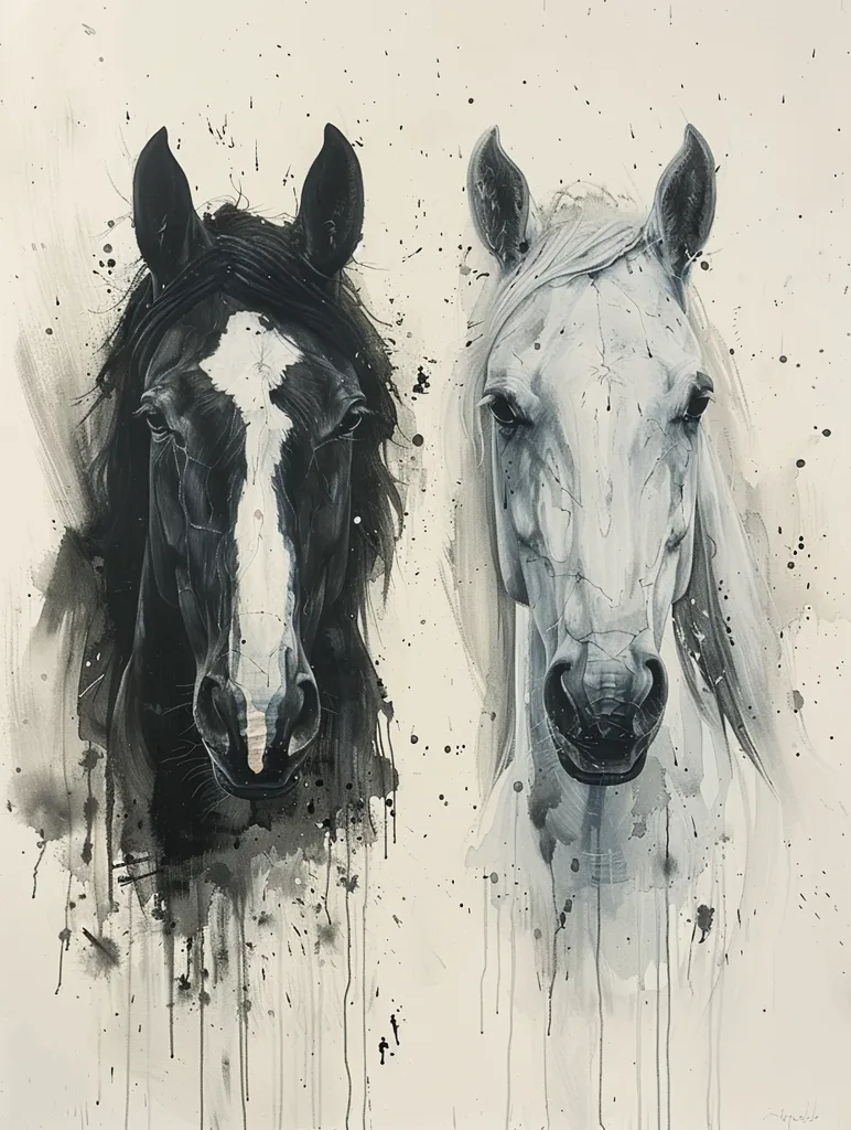 The painting depicts two horses' heads, one black and one white, against a light background. The black horse has a white stripe down its face and its mane flows down its neck. The white horse has a black nose and its mane is flowing. The background is a light cream with black splatter paint and dripping black paint.  The painting is a study of contrasts. The black and white horses represent opposite sides of the spectrum, and the splatter paint adds a touch of chaos to the otherwise orderly composition.