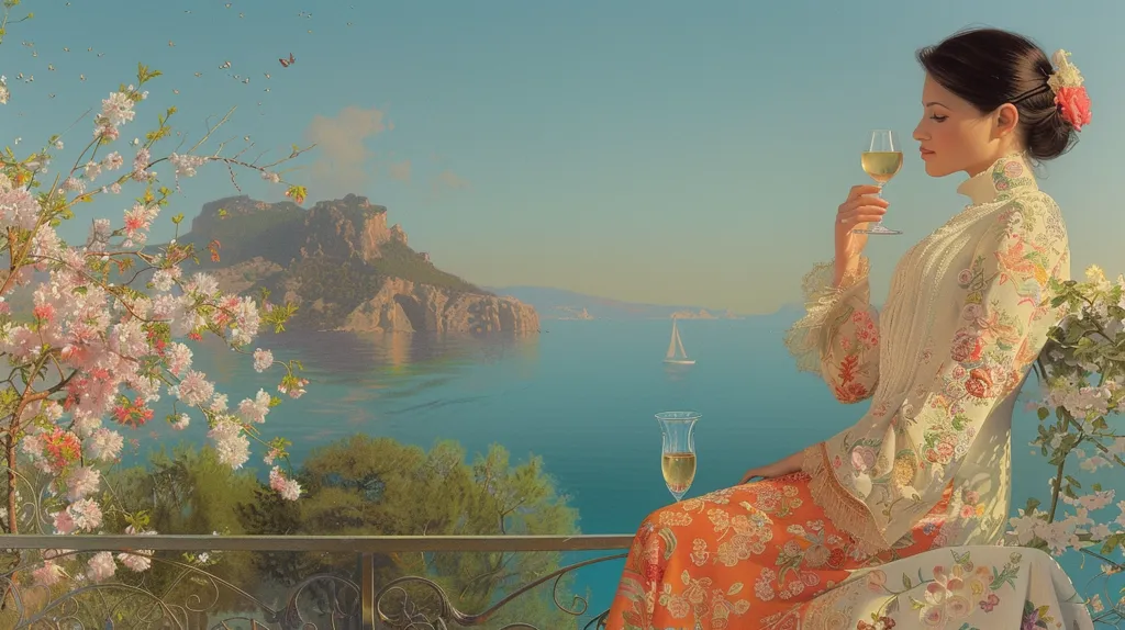 A woman in a floral dress sits on a balcony overlooking a tranquil sea.  She holds a glass of wine and gazes out at a distant sailboat. The scene is bathed in warm, golden light, and the air is filled with the scent of blossoming flowers. A  mountain range rises in the distance, adding depth and grandeur to the picturesque landscape.