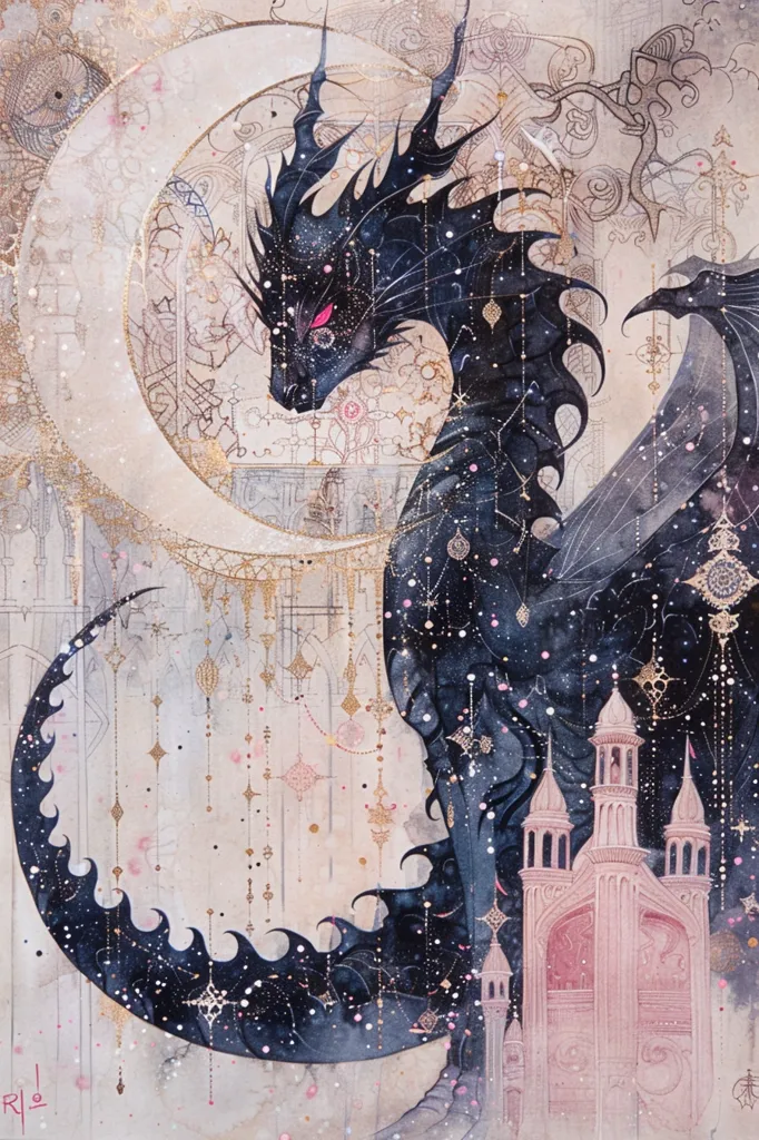 A black dragon with red eyes and a starry body stands against a soft pink and gold background. The dragon's body is curled around a crescent moon, and its wings are spread out behind it. The background features intricate patterns and a pink castle. The image has a mystical and ethereal feel.