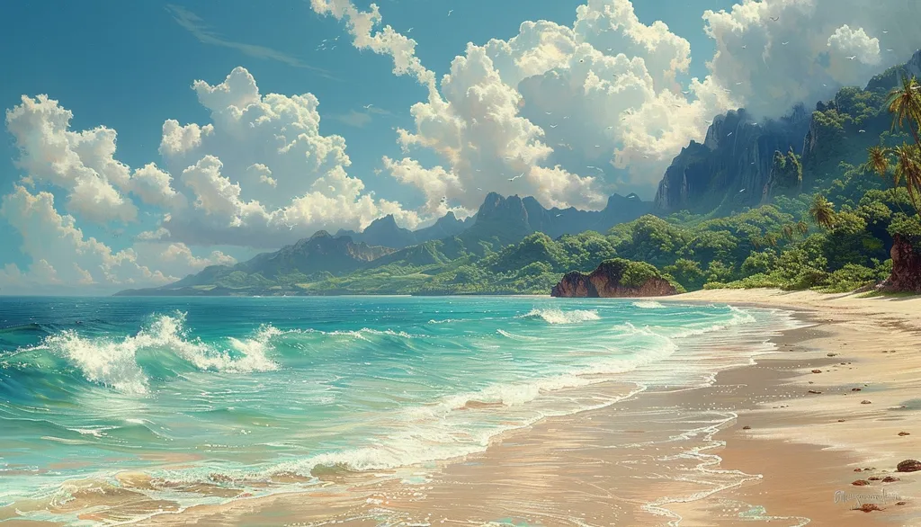A tropical paradise unfolds with a pristine sandy beach lapped by gentle azure waves. Lush green mountains rise in the distance, their slopes covered in vibrant foliage. The sky is a canvas of fluffy white clouds against a clear blue backdrop. The scene exudes serenity and the promise of a perfect escape.
