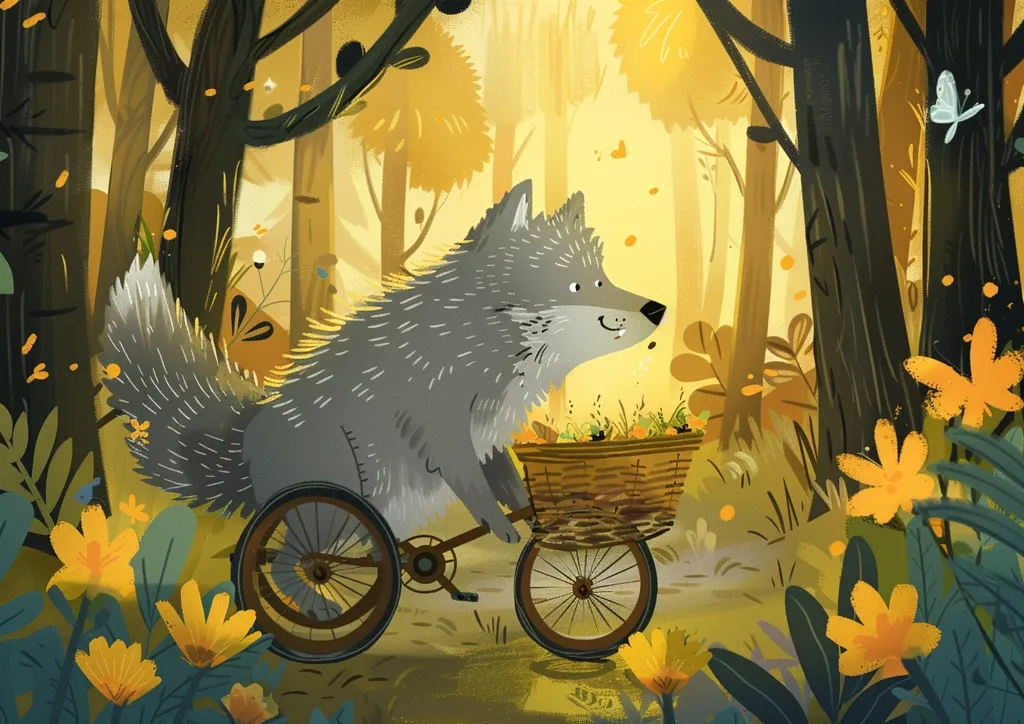 A gray wolf with a bushy tail rides a bicycle through an autumnal forest. He is smiling and has a basket full of flowers on the handlebars. The forest is filled with tall trees, yellow leaves, and bright flowers. A butterfly floats in the upper right corner. The scene is bright and cheerful.