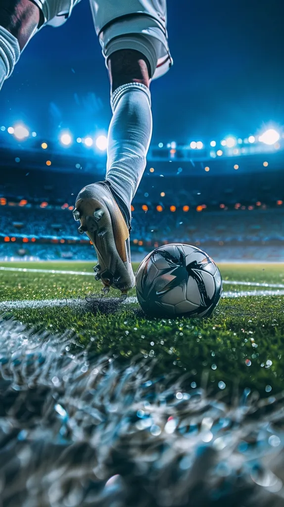 A soccer player's foot connects with a soccer ball on a green field. The player is wearing white shorts and a white shirt with black accents. The ball is in the air and the player's foot is extended. The background is a blurred stadium with bright lights. The player is kicking the ball with power and determination.