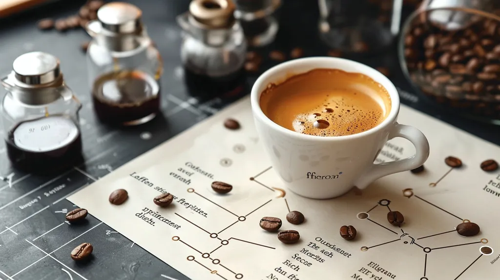 A cup of espresso sits on a table with a diagram of coffee brewing steps. There are coffee beans scattered around the cup and a glass jar of coffee beans to the right. There are three glass containers with dark liquid and one clear glass jar with liquid inside.  The background is a dark, rustic surface.