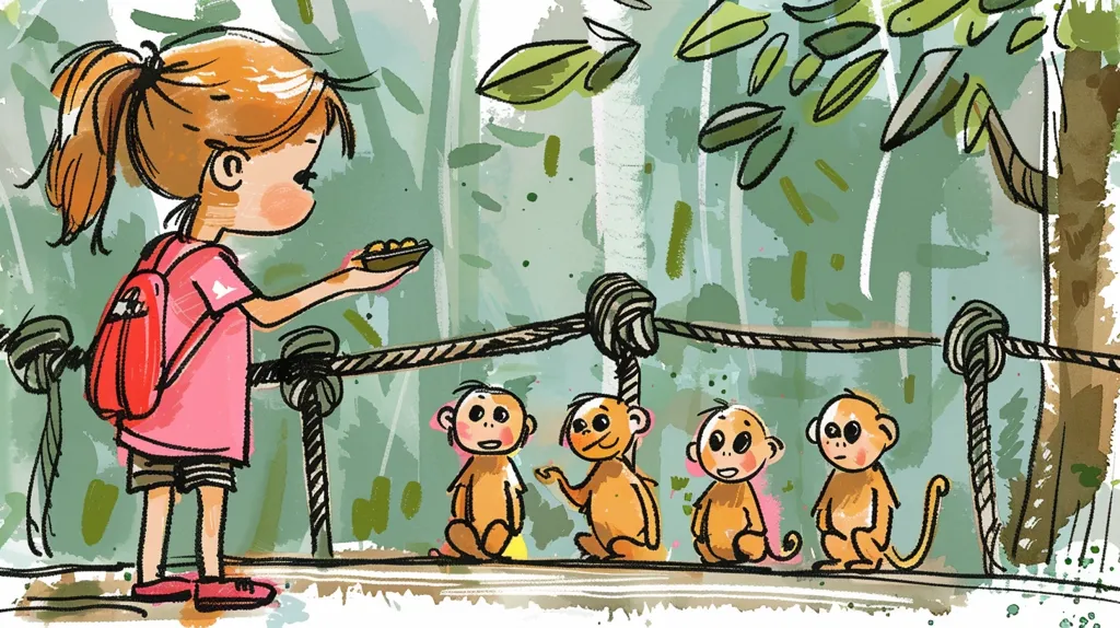 A young girl with a red backpack is feeding four monkeys in a jungle. The monkeys are sitting on a rope bridge, looking at the girl and her bowl of food. The scene is brightly colored and features a whimsical style.