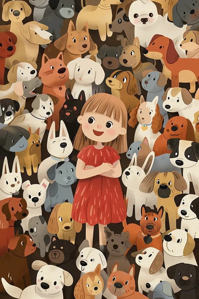 A young girl in a red dress stands smiling with arms crossed in front of a chaotic crowd of dogs of all breeds and colors. The dogs are all looking in different directions, some with happy expressions, others with neutral looks. The scene is bright and cheerful, filled with a variety of dog breeds, each with their own unique personality.