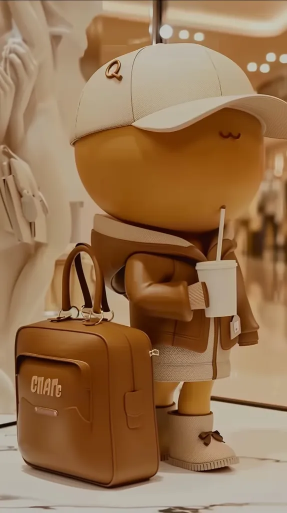 A cartoon character with a round head, wearing a white cap, brown jacket, and white boots, is holding a cup in one hand and a brown leather bag in the other. The character is standing in front of a blurred background. The bag has the word "CLARE" written on it in gold letters. The character is in a shopping mall or a store. The overall tone of the image is lighthearted and playful.