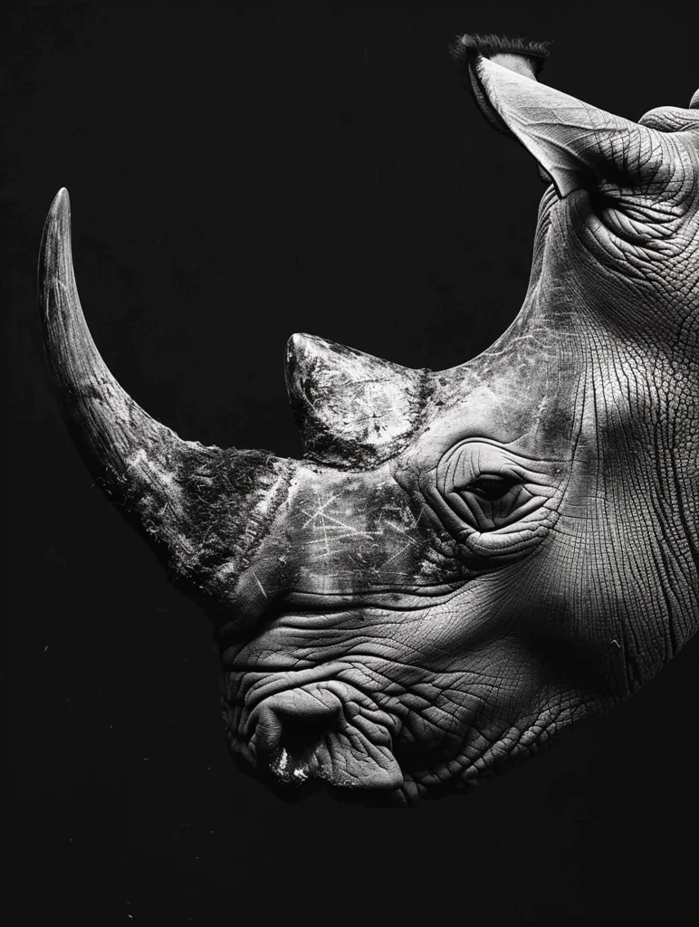 A close-up black and white photograph of a rhinoceros's face, captured in a dramatic low-light setting.  The rhinoceros's thick skin is textured, highlighting the wrinkles and folds, while the sharp horn and ear add to the animal's powerful presence. The dark background creates a sense of mystery and emphasizes the intricate details of the rhinoceros's face.