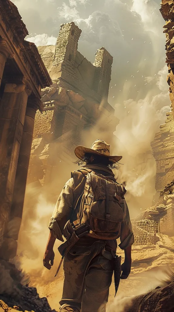 A lone explorer, clad in a worn leather jacket and a wide-brimmed hat, walks through a desolate, dusty landscape. He carries a backpack and a large knife strapped to his leg. Towering ruins of ancient stone structures loom over him, hinting at a lost civilization.  The sky above is filled with swirling clouds, and a sense of mystery and adventure hangs in the air.  The scene evokes a sense of exploration and the unknown.
