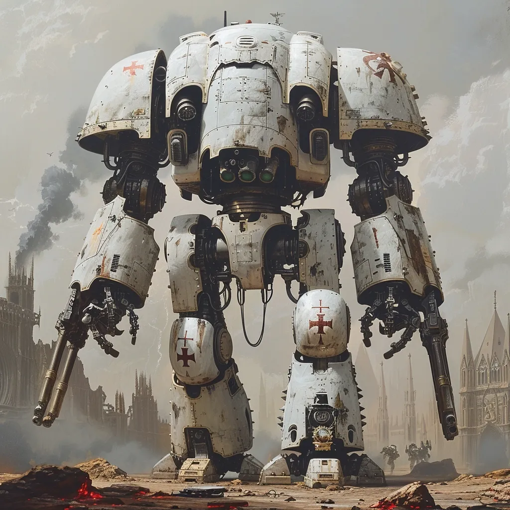 A towering white and grey robot stands in a desolate cityscape. It has a large, dome-shaped head with multiple guns and a single eye. It wears a white armor with red crosses and is armed with large cannons attached to each arm. The robot's body is heavily detailed and shows signs of wear and tear. The cityscape behind it is a mix of crumbling buildings and overgrown vegetation, suggesting a post-apocalyptic world.