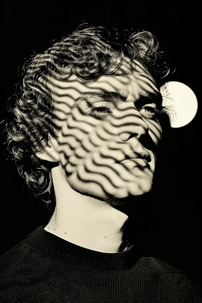 A black and white portrait of a man with curly hair, wearing a dark sweater. The man's face is illuminated by a wavy pattern of light, creating a striking contrast against the dark background. A large, round, blurry light source can be seen in the upper right corner of the image, adding to the mysterious and dramatic feel. The man's expression is intense and thoughtful.  The image is likely a piece of art, emphasizing the interplay of light and shadow.