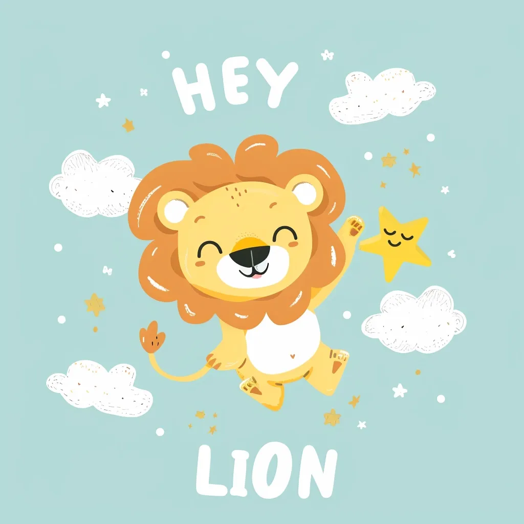 The image depicts a cartoon lion with a big smile, floating in the air amongst white clouds and sparkling stars. The lion is holding a yellow star and the words "Hey Lion" are written above and below it. The background is a light blue. The overall image is cute and playful.