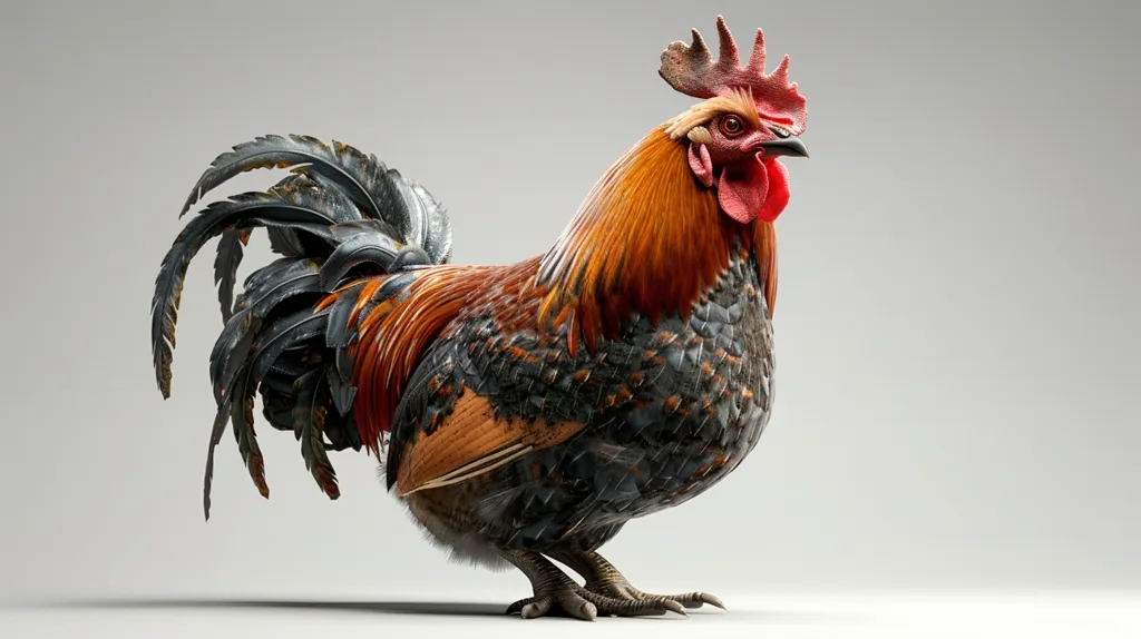 The image shows a colorful rooster with black and orange feathers.  It is standing on a white background and has its head turned to the side. The rooster's bright red comb and wattle are prominent. The rooster's tail feathers are black and form a large fan.  The rooster has a determined look in its eye.
