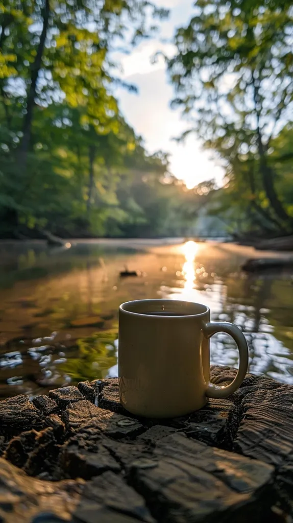 A mug of coffee sits on a weathered log, overlooking a calm river. The sun shines through the trees, casting a warm glow on the water and creating a serene atmosphere. The scene evokes a sense of tranquility and peace, perfect for enjoying a quiet moment in nature.
