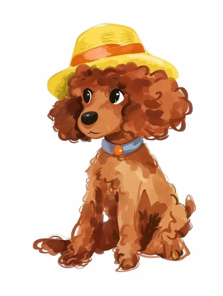 The image shows a brown poodle with curly fur wearing a yellow straw hat with an orange band. It's sitting with its legs tucked underneath and looking to the left. The dog is wearing a blue collar with an orange tag. The background is white. The painting style is loose and colorful.