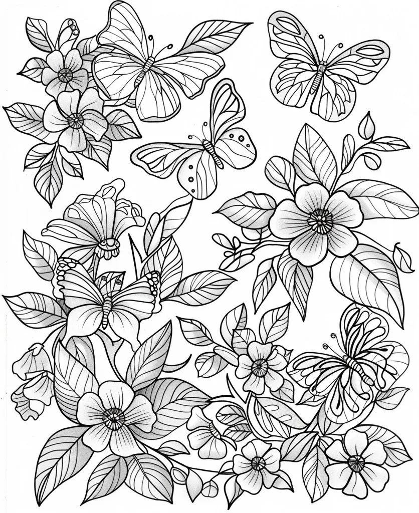 The image depicts a intricate design of flowers and butterflies, drawn in a black and white line art style. The composition is full of delicate details and intricate patterns. There are various types of flowers, including roses and other blossoms, all intertwined with leaves and stems. The butterflies are stylized and feature delicate wings with intricate patterns. The overall effect is one of beauty and natural elegance, making it suitable for coloring or as a decorative element.