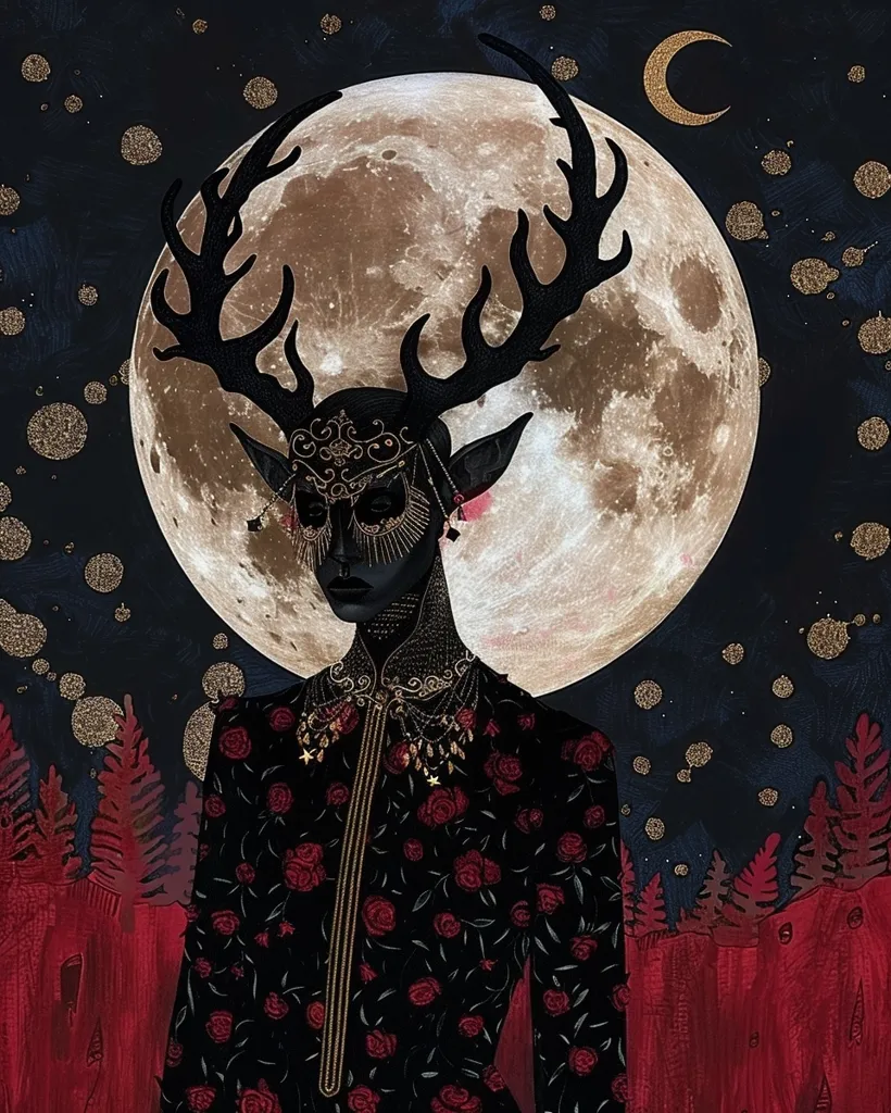 The image depicts a figure with large antlers, adorned in a black and gold floral outfit. They stand against a backdrop of a full moon and a crescent moon, with a scattering of golden stars. The figure's face is partially obscured by a decorative mask.  The image has a dark and mysterious atmosphere.  The colors are predominantly black, gold, and red. The figure appears to be a mystical or otherworldly being.