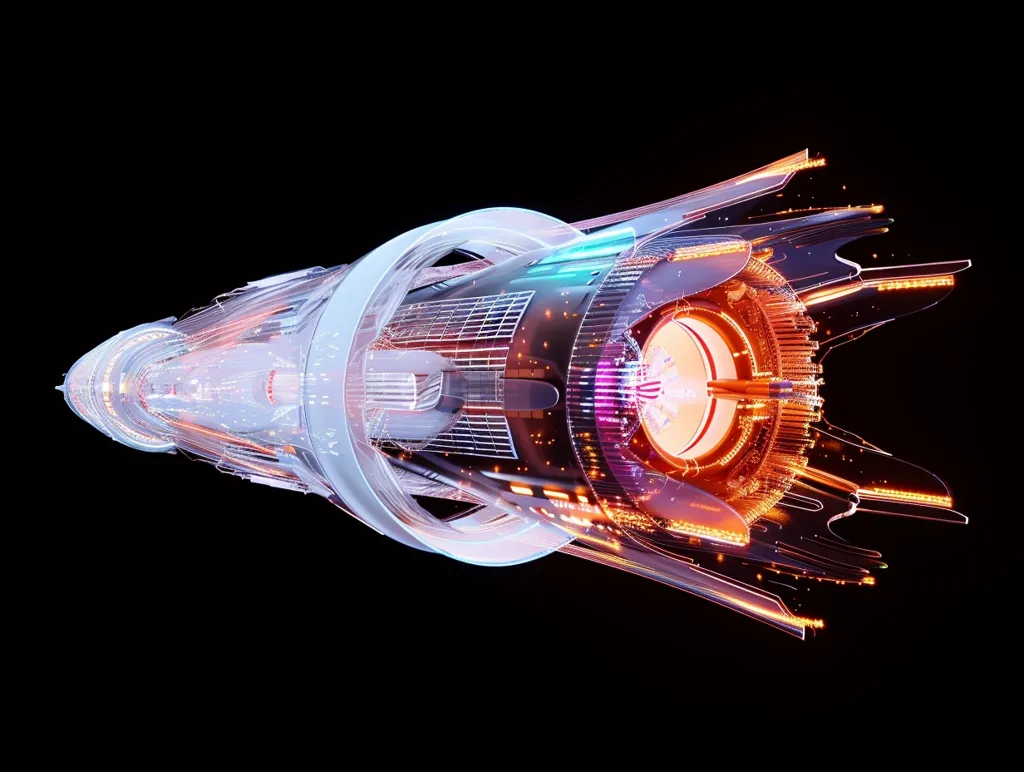 The image depicts a futuristic spaceship with a glowing, intricate design. The vessel is primarily white with accents of orange and purple lights. It features a cylindrical body with a complex engine system at the rear. The spacecraft is captured from a low angle, giving a dynamic perspective of its powerful design. The black background adds a sense of mystery and space exploration.