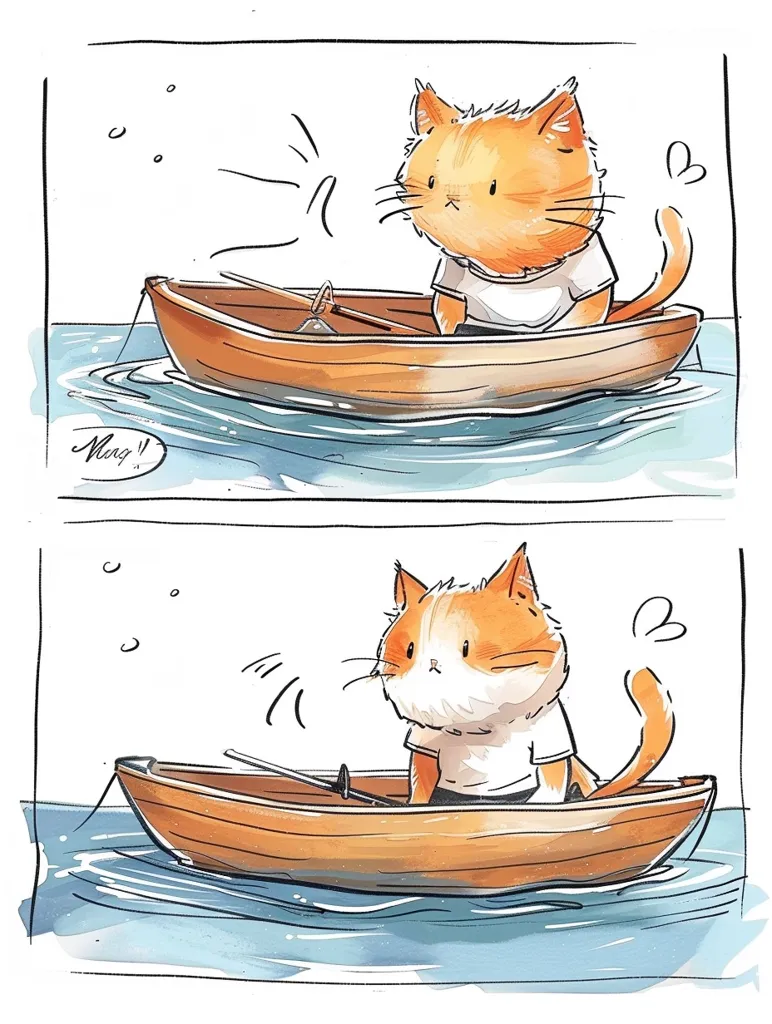 The image shows a comic strip with two panels. In the first panel, a cat wearing a white shirt is sitting in a small wooden boat. The cat is looking forward, and its tail is curled up. The boat is floating on blue water, with bubbles around it. The word "Meow!" is written in the bottom left corner. In the second panel, the cat is looking at something out of frame, its eyes wide. The boat is moving in the opposite direction. The scene is drawn in a cartoon style, with watercolor effects.