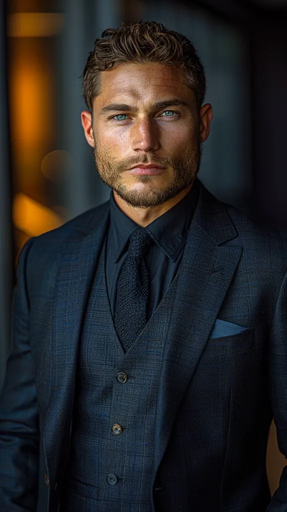 The image shows a man wearing a dark blue suit with a black dress shirt and a dark patterned tie. He has short brown hair and blue eyes. He is looking directly at the camera with a serious expression. He is wearing a three-piece suit, and the image focuses on his upper body. The background is blurred and out of focus, highlighting the subject. The man appears confident and professional.