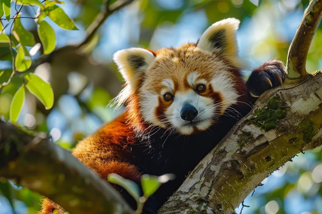 A red panda, with its distinctive orange and white fur, perches on a tree branch.  The panda's gaze is directed towards the viewer, its face a mix of curiosity and alertness.  The background is a blur of green leaves and a bright blue sky, suggesting a lush forest setting.  The panda's relaxed posture and serene expression evoke a sense of peace and tranquility.