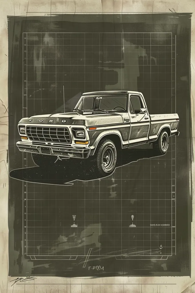 A vintage Ford F-2004 pickup truck is illustrated in a  black and white drawing style, against a dark green, grid-like background. The truck is facing slightly to the right, with the Ford logo clearly visible. The image gives the impression of a blueprint or design sketch.