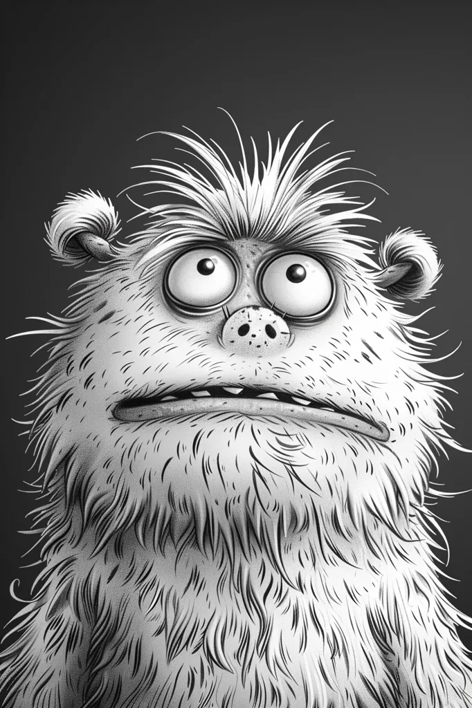 A black and white illustration of a furry creature with a surprised expression. It has big, round eyes, a small, pointed nose, and a wide mouth. The creature's fur is detailed and textured, giving it a realistic appearance. The background is a plain gray, allowing the creature to stand out. The illustration evokes a sense of curiosity and wonder.