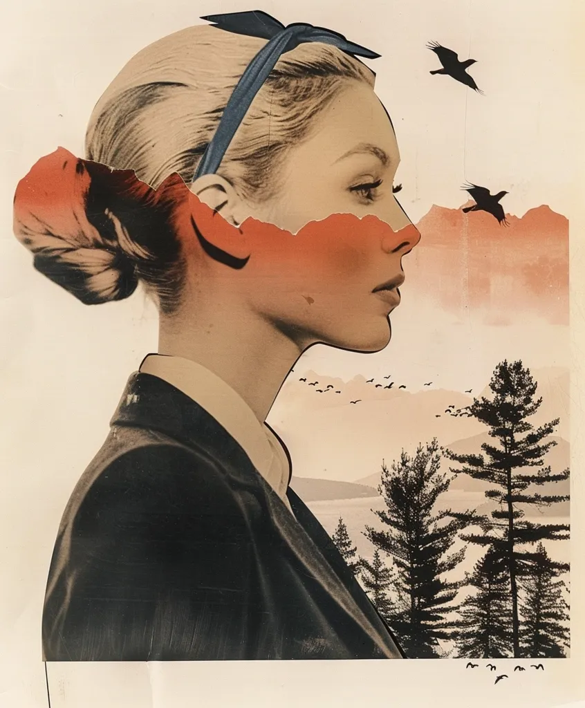 The image is a collage of a woman's face, a mountain landscape, and birds. The woman's face is partially obscured by a red mountain range. Her hair is pulled back in a bun and she is wearing a blue ribbon in her hair. The background shows a landscape with mountains, a lake, and trees. There are birds flying in the sky. The image has a vintage, dreamlike feel.  The composition and use of color creates a sense of mystery and longing.
