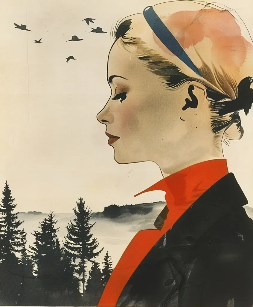 A woman with a light-colored head scarf with a blue band is depicted in profile, looking to the left. She wears a red turtleneck and a black jacket, with the upper part of her body and head taking up the majority of the image. The background shows a foggy forest landscape with silhouette birds flying across the sky.