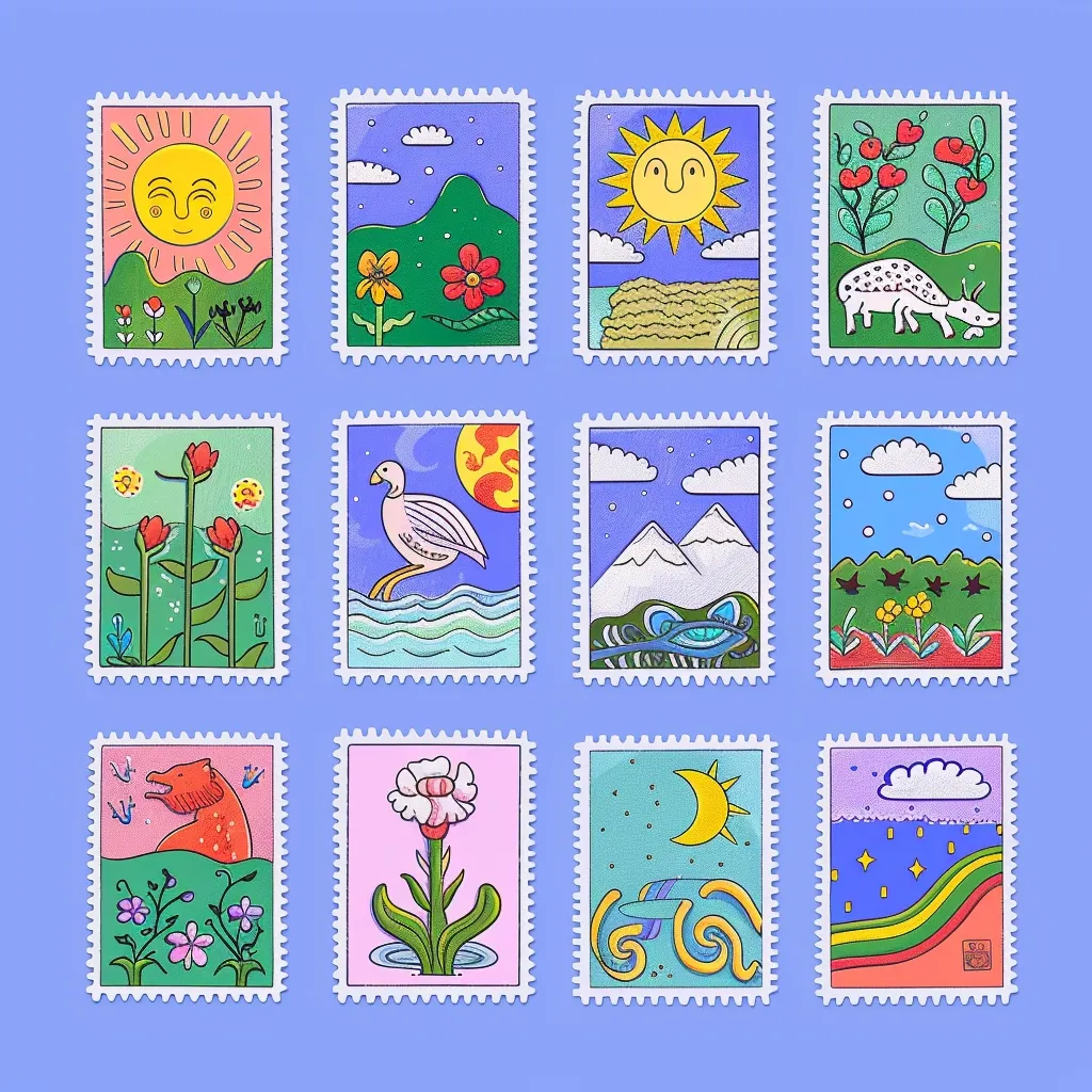 Twelve colorful postage stamps with cartoon drawings of nature, including a sun, flowers, a mountain, a goose, a  cloud and stars,  a moon, a rainbow and a seahorse. The stamps are arranged in three rows of four, on a light purple background.  They are all outlined in black and have a white border.  The stamps are all hand-drawn and have a whimsical, charming feel.
