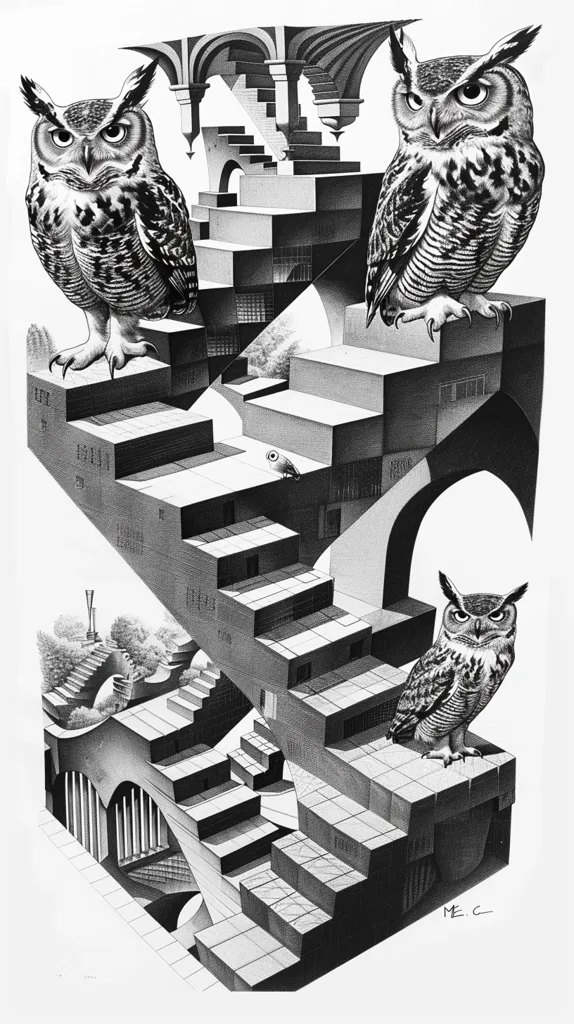The image is a black and white drawing of a complex, geometric structure that appears to be a series of stairs and arches. Three owls are perched on different levels of the structure, their feathers meticulously detailed. The drawing creates a sense of depth and illusion, making it difficult to discern the actual layout of the stairs and arches. The artist's signature "M.E.C." is visible in the lower right corner. The overall effect is one of intricate design and surreal perspective.