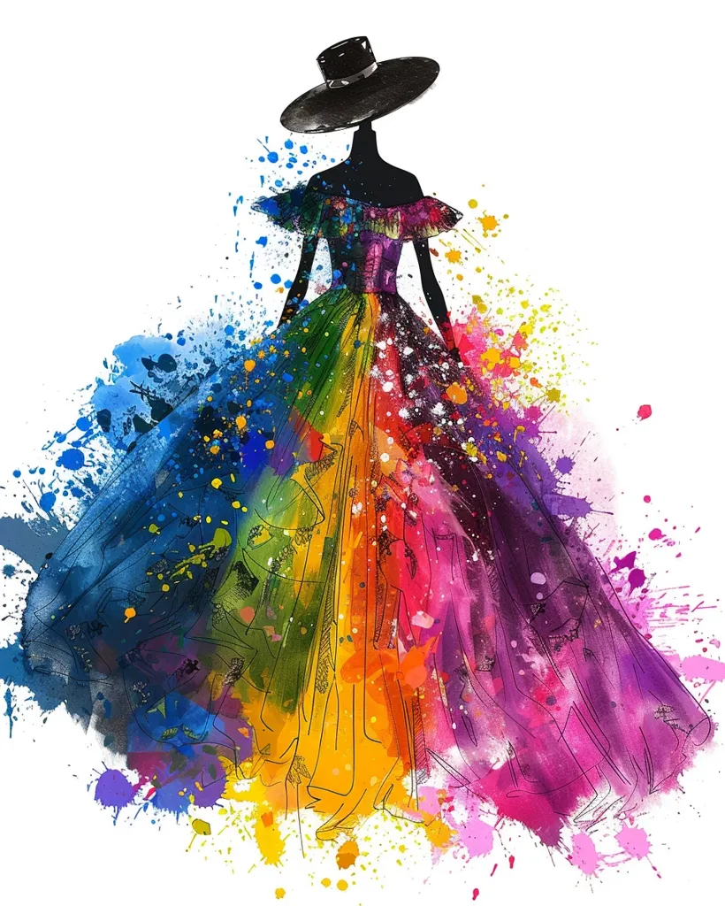 A fashion illustration of a woman in a large, colorful gown with a black hat. The dress is made up of vibrant hues of blue, green, yellow, orange, and purple, creating a rainbow effect.  The background is a splatter of watercolor, adding to the whimsical and artistic nature of the piece. The woman's silhouette is outlined in black, creating a contrast against the bright colors. The overall image is a celebration of style and creativity.