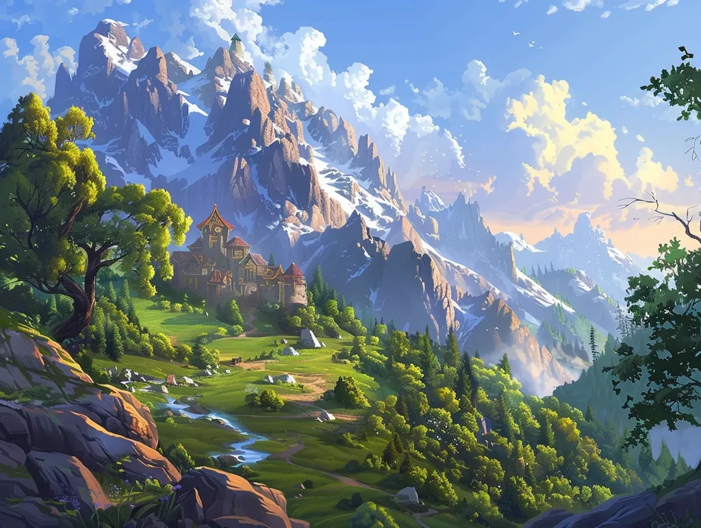 A picturesque scene unfolds with a stone castle nestled at the foot of snow-capped mountains. Lush greenery carpets the valley, punctuated by a winding stream. The blue sky is dotted with fluffy clouds, casting a warm glow over the landscape. The image evokes a sense of peace and tranquility, capturing the beauty of nature.